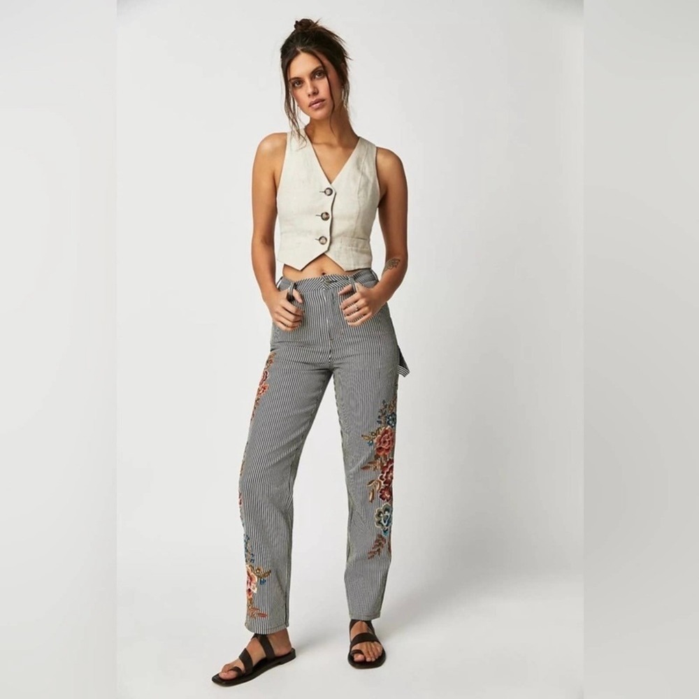 DRIFTWOOD X FREE PEOPLE Carpenter Pinstripe Pant 26 Blue Floral Embroidered Jean